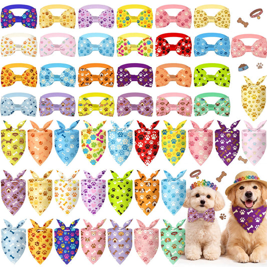 Sanwuta 50 Pcs Paw Print Dog Bandanas Bulk and Collar Bow Ties Set 25 Colorful Paw Bandanas 25 Bone Collar Pet Charm Soft Triangle Kerchief Bibs Photo Props Bowtie for Small Medium Large Summer Decor