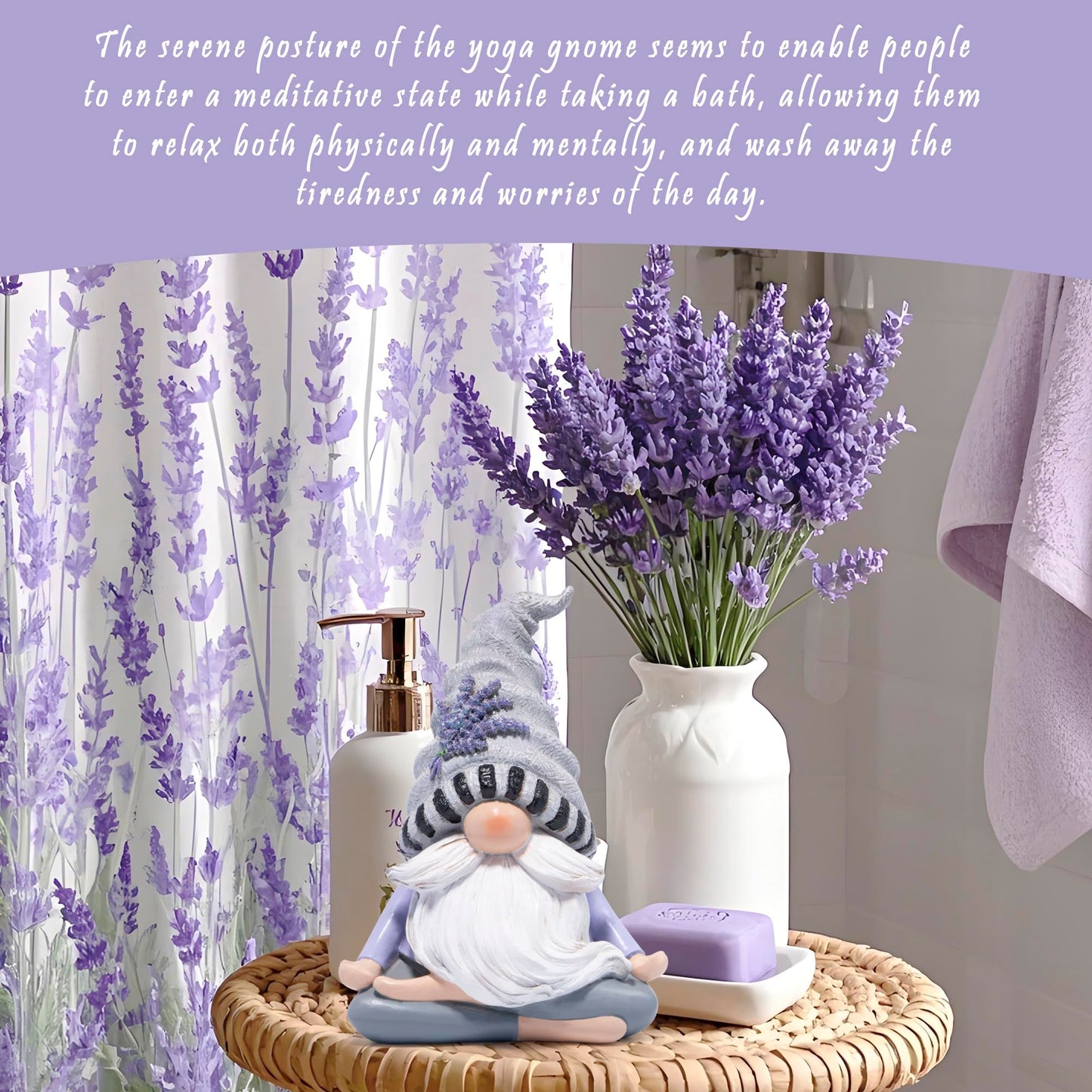 Hodao Zen Lavender Meditation Gnome Figurine - Yoga Inspired Home Decor for Relaxation & Serene Living Spaces Spring Yoga Lavender Gnome Decorations Calming Gifts for Women and Nature Lovers