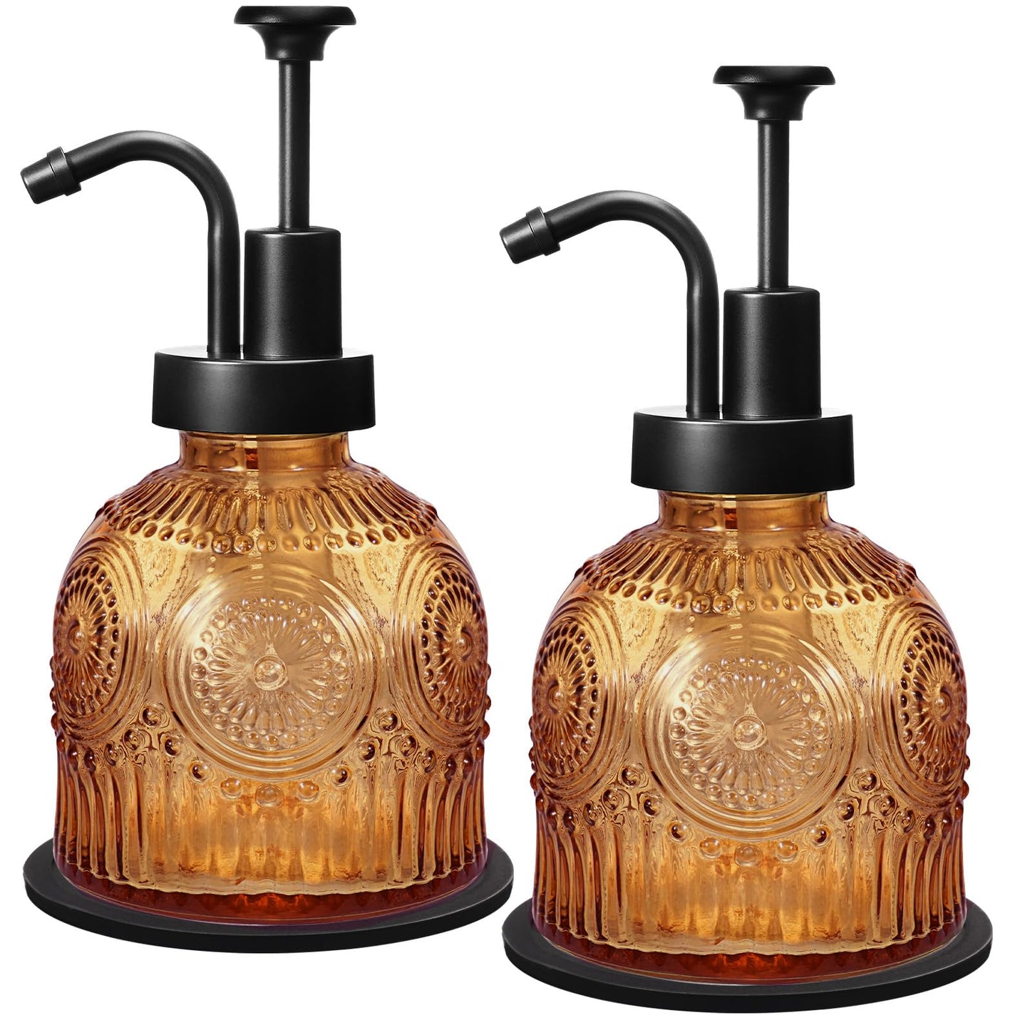 Amolliar 8 Oz Vintage Glass Bathroom Soap Dispensers with Pump, 2 Pack Refillable Kitchen Dish Soap Dispenser with Non-Slip Mat, Antique Rustic Hand Soap Liquid Bottle (Brown-Black Pump)