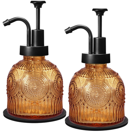 Amolliar 8 Oz Vintage Glass Bathroom Soap Dispensers with Pump, 2 Pack Refillable Kitchen Dish Soap Dispenser with Non-Slip Mat, Antique Rustic Hand Soap Liquid Bottle (Brown-Black Pump)