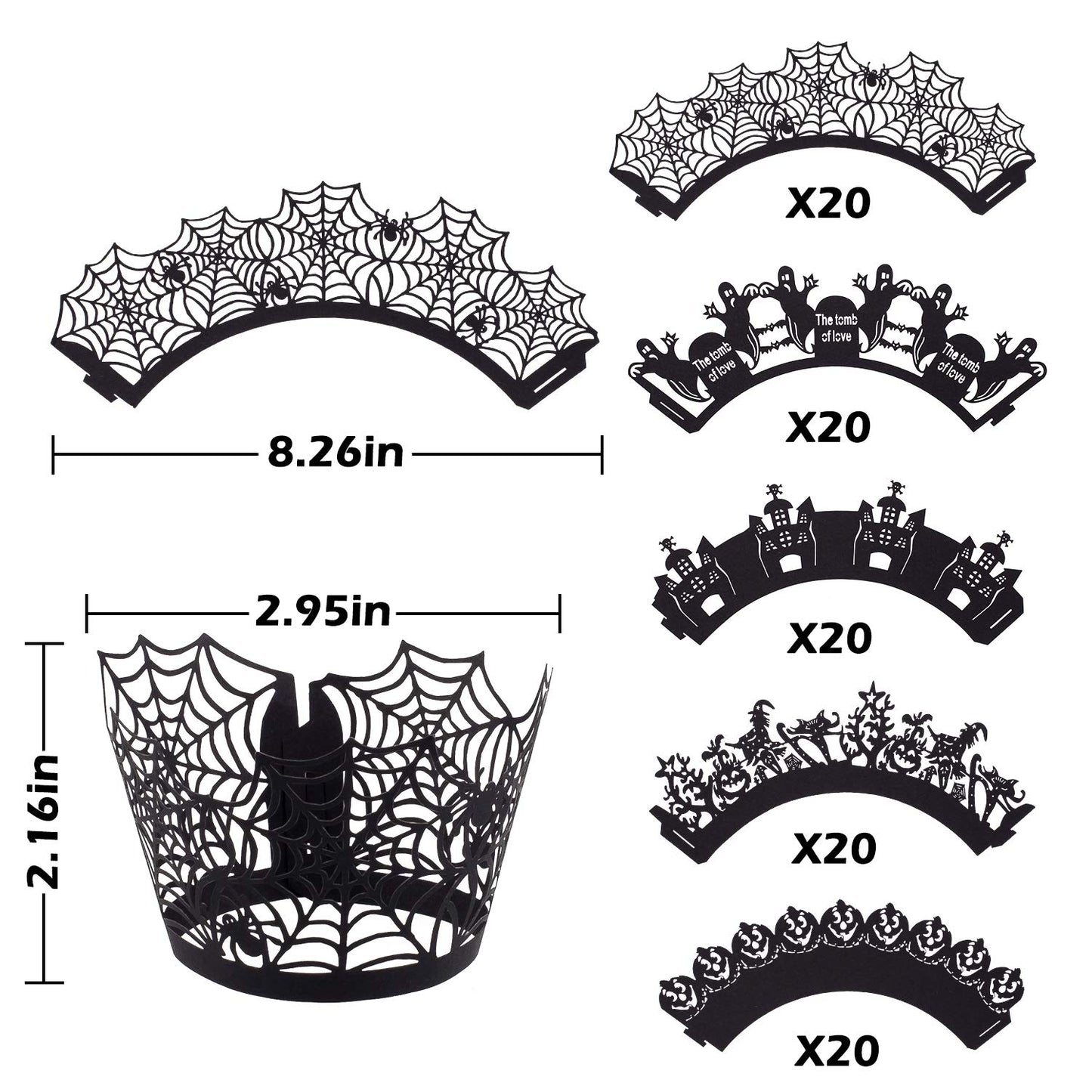 Whaline 100 Pcs Halloween Cupcake Wrappers, Artistic Bake Paper Cups Black Laser Cut Cupcake Liners Cake Decoration for Halloween Theme Party