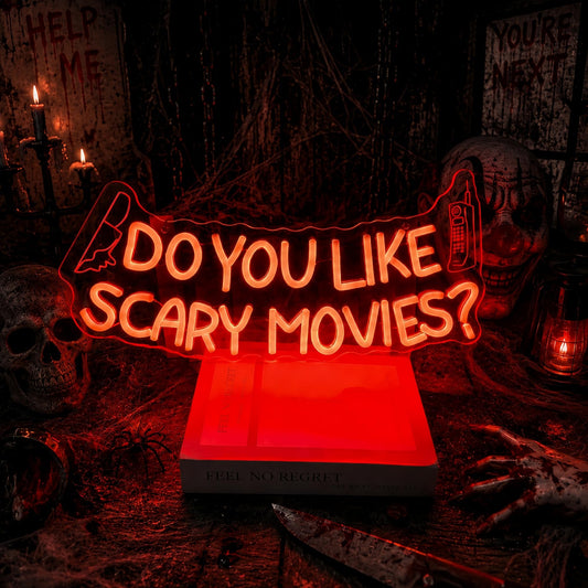Do You Like Scary Movies LED Neon Sign Horror Movie Decor for Wall USB Powered Adjustable Brightness Easy Install Neon Lights for Room Halloween Decorations