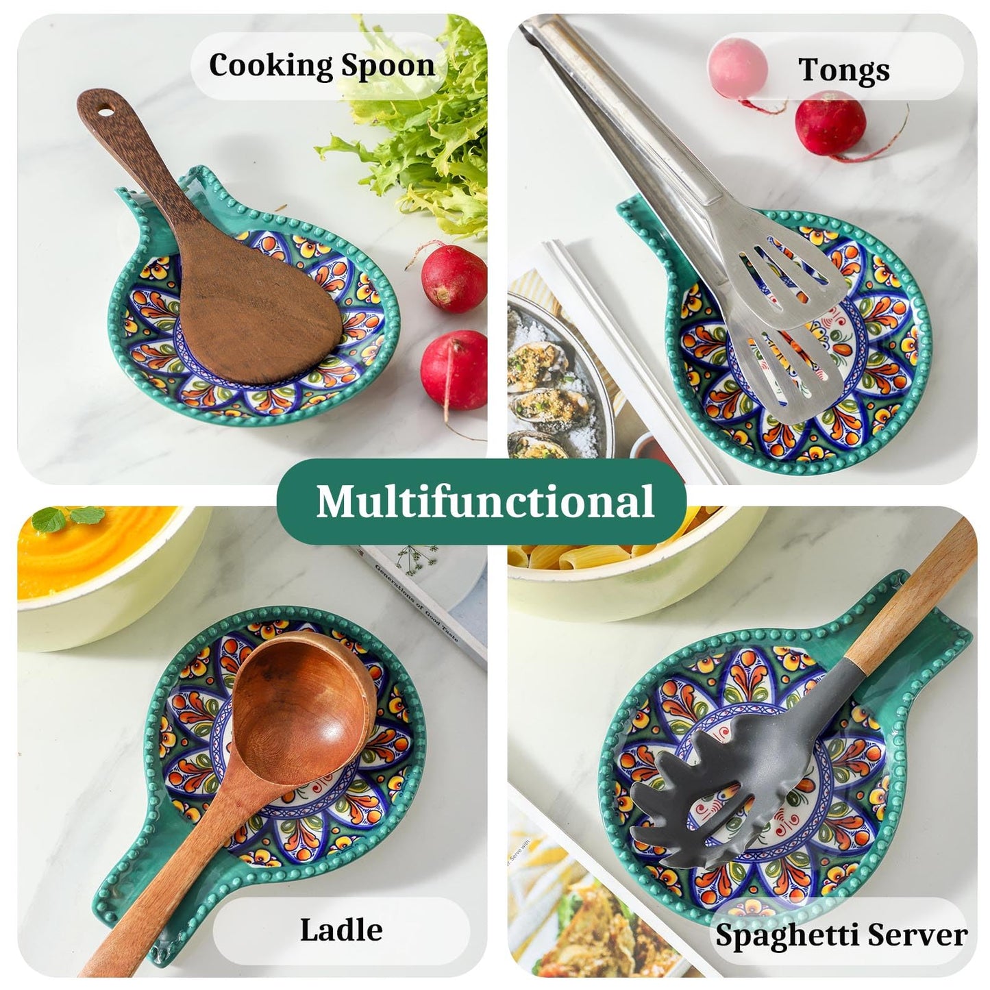 Spoon Holder for Kitchen Counter Ceramic Spoon Rest for Stove Top Large 7.7 Inch Heat-Resistant Cooking Spoon Holder for Coffee Spoon Rest,Spatula or Tongs,Bohemian Green Dishwasher Safe