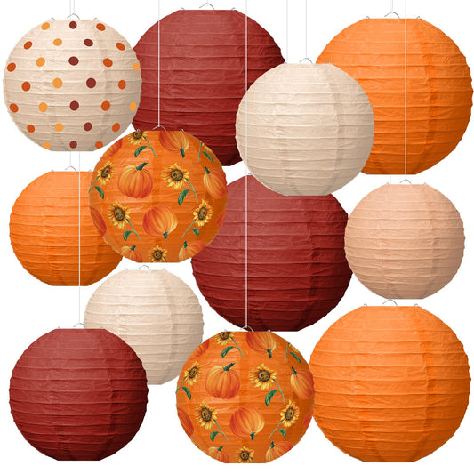 Bencailor 12 Pcs Thanksgiving Paper Lanterns Fall Paper Lanterns Hanging Decorative Round Autumn Decor for Harvest Theme Party Decorations, 8/10/12 Inches (Red,Orange)