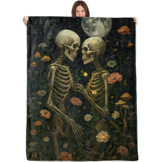 WKEDIN Gothic Lovers Skeleton Blanket,50x60in,Cozy Flannel Throw with Romantic Wildflower Moon Starry Sky Design,Soft Lightweight Gifts Blankets for Adults,Sofa Bed Travel Goth Halloween Boho Decor