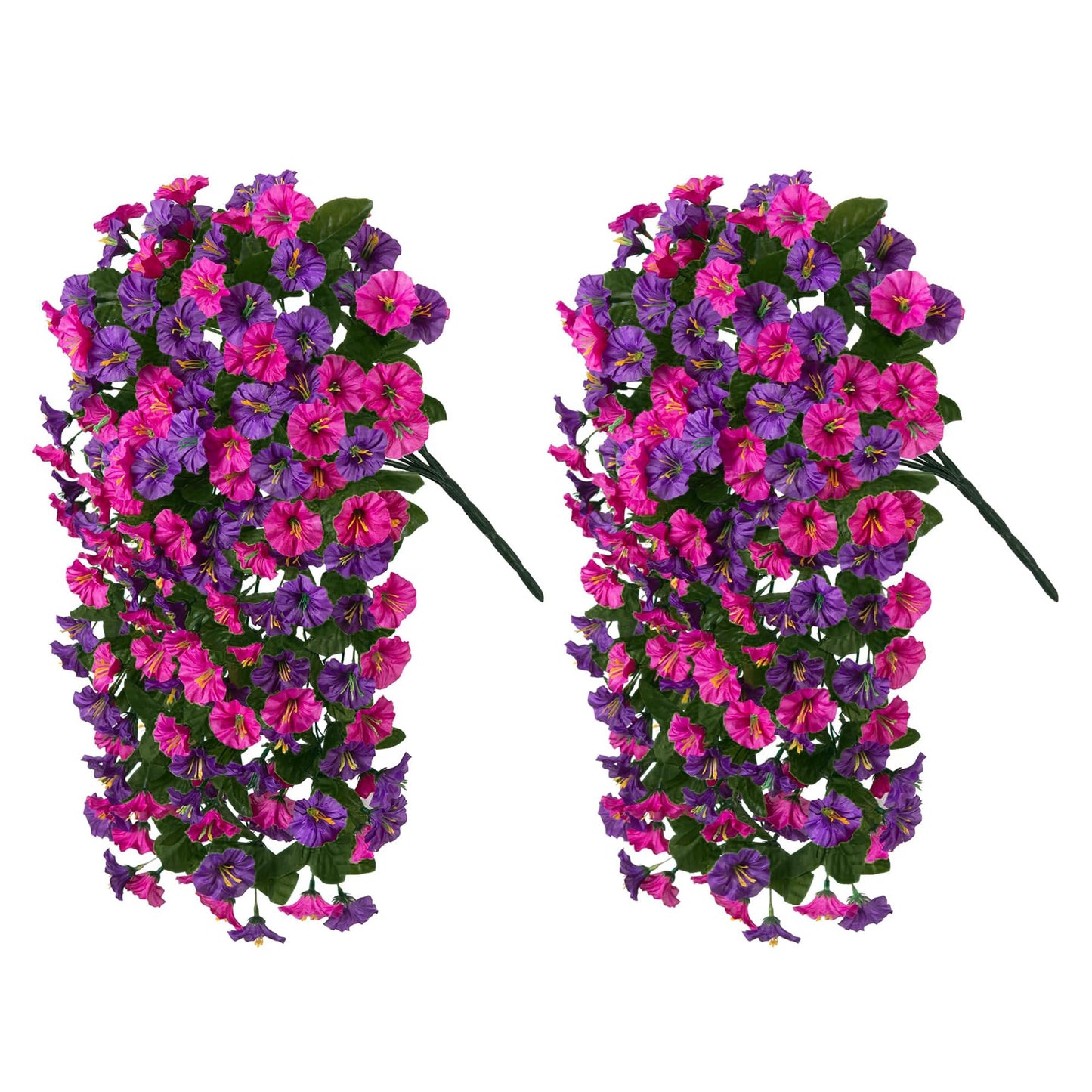 HyeFlora Artificial Fake Hanging Flowers Plants for Outdoor Outside, 2PCS Faux Silk Morning Glory Trailing Vines UV Resistant Look Real for Home Planter Porch Patio (Dark Purple and Fuchsia)