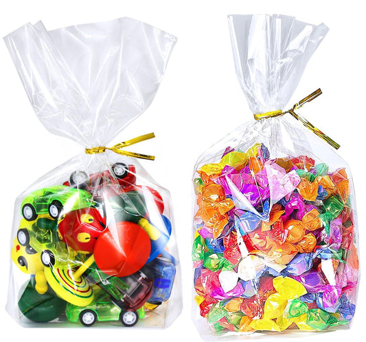 PigPotParty Cellophane Treat Bags 6x9 Inch, 100 Pack Clear Goodie Bags with Bottom Gusset for Stand-Up Display, Small Plastic Gift Wrap for Cookies, Candy, Party Favors, Popcorn, Includes 100 Ties