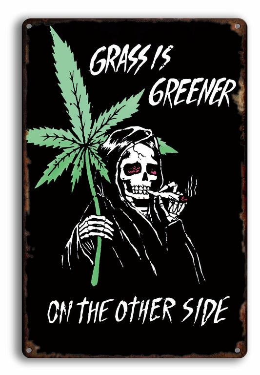 Impressed Reefer Reaper Marijuana Vintage Tin Sign - Gothic Emo 90s Retro Trippy Skeleton Grunge Weed Man Cave Hippie Stoner Accessories for Men - Funny Print College Dorm Wall Hanging Skull Decor for Teens - 420 Goth Aesthetic Signs Decoration Stuff for