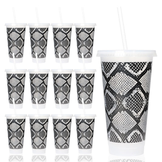 LIONSOUL 12 Pack Snake Print Reusable Cups with Lids and Straws 24 oz Plastic Tumblers Bulk Snakeskin Pattern Party Cups for Birthday Halloween Fashion Theme Party Supplies