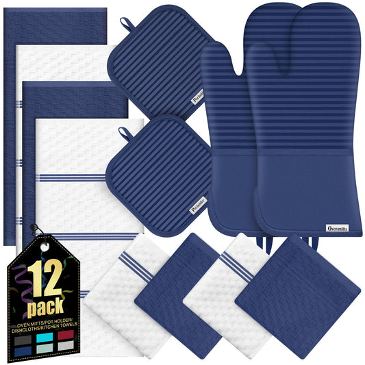 Oven Mitts Kitchen Towels and Dishcloths with Pot Holders Sets, Oven Gloves Hot Pads 500°F Heat Resistant with Silicone Grip, Include 2 Cooking Gloves/2 Potholders/4 Kitchen Towels/4 Dish Towels