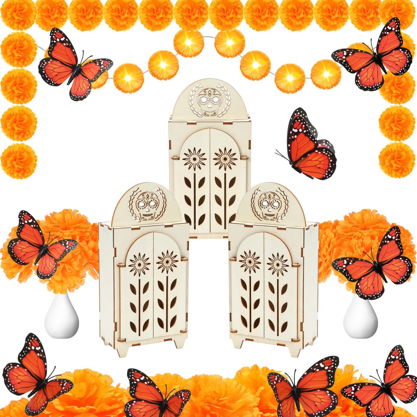Jetec 30 Pcs Dia De Los Muertos Decoration Set Include Day of the Dead Altar Ofrenda Artificial Marigold Flowers 4.92 Feet Diwali Marigold Garland Light and Monarch Butterfly Decor(Papel Picado)