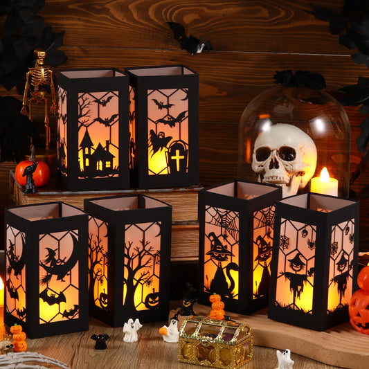 Riakrum 6 Pcs Halloween Table Decorations Table Centerpieces Boxes with Battery Operated Candle Holders Ghost Spiders Bat Silhouette Sketch Paper Lantern Boxes for Movie Night Party (Yellow Light)