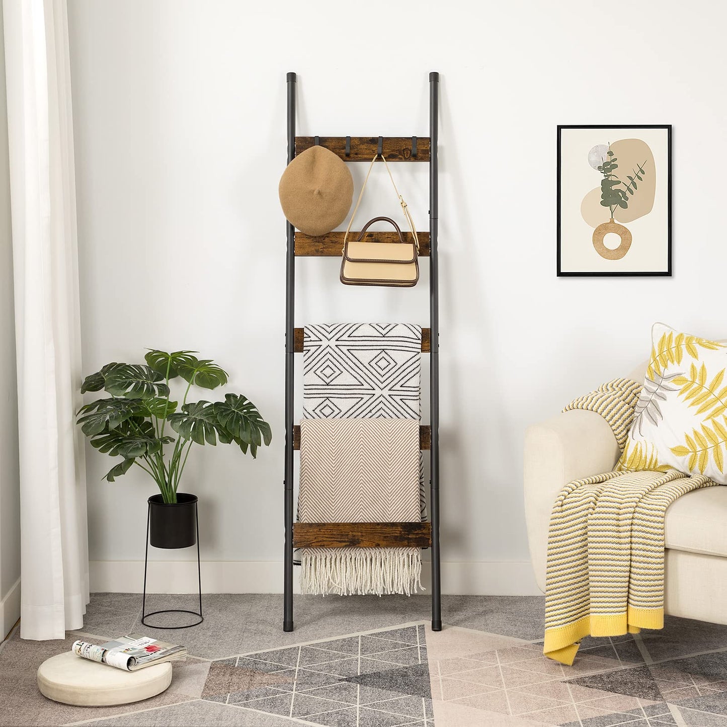 HOOBRO Blanket Ladder with Basket, Towel Rack with Hooks, Blanket Holder Rack, Decorative Ladder Shelf, Drying and Display Rack for Bathroom, Living Room, Rustic Brown BF52-31CJ01