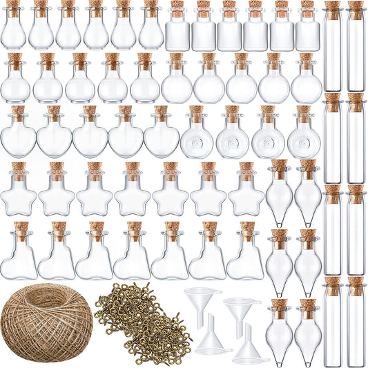 Honeydak 100 Pcs Small Mini Glass Bottles Jars with Cork Stopper Set Potion Bottle Tiny Refillable Wishing Bottles Drifting Bottle with Eye Screw Funnel Rope for DIY Bead Containers, 10 Shapes