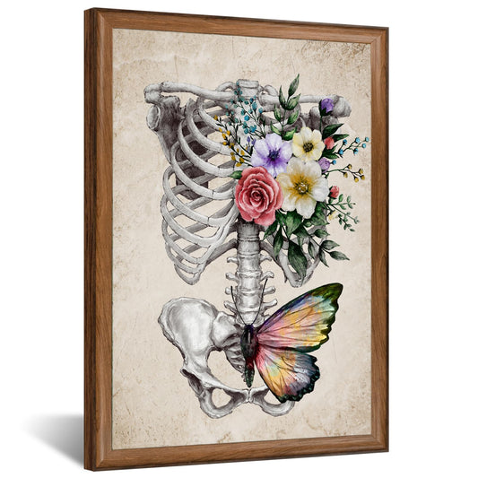 KREATIVE ARTS Vintage Human Skull Canvas Wall Art Floral Butterfly Skeleton Anatomy Print with Brown Frame for Bedroom Living Room Halloween Gothic Decor Vertical Painting Ready to Hang 16x24 Inch