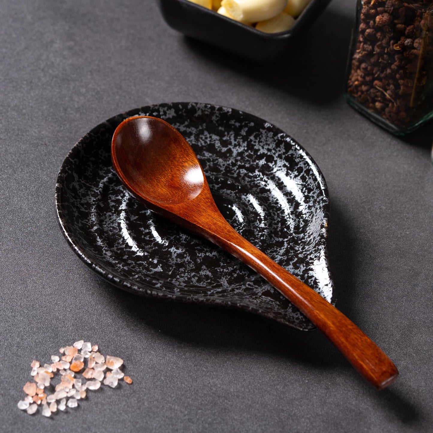 Spoon Rest, Ceramic Utensil Spoon Spatula Ladle Holder, 6 Inches Spoon Holder for Countertop, Coffee Bar Accessories Dishwasher Safe, Utensil Rest for Kitchen Counter Splash Black