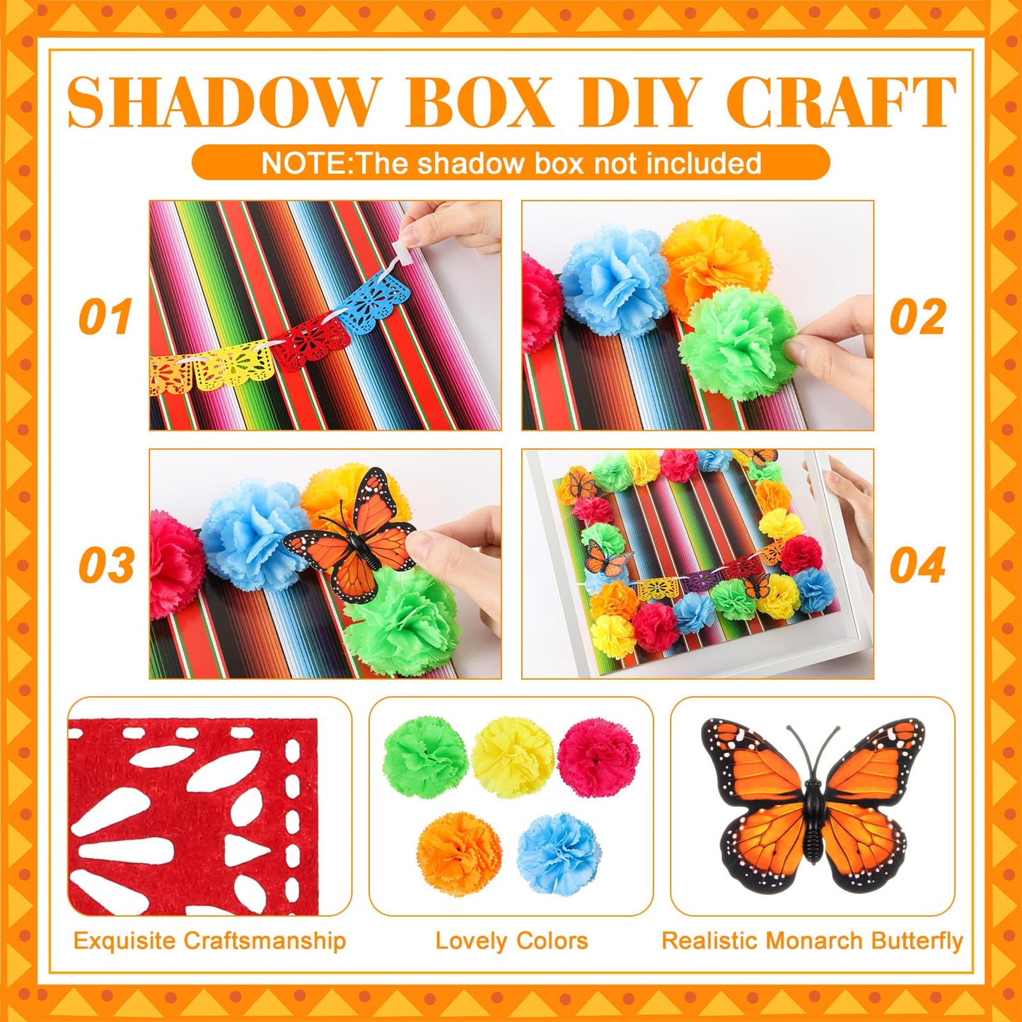 AceOrbit 41pcs Day of The Dead DIY Shadow Box Craft Set Memorial Shadow Box Accessories 6 Monarch Butterfly 30 Artificial Marigold Flowers 2 Papel Picado Banner 3 Background Paper(Colorful)