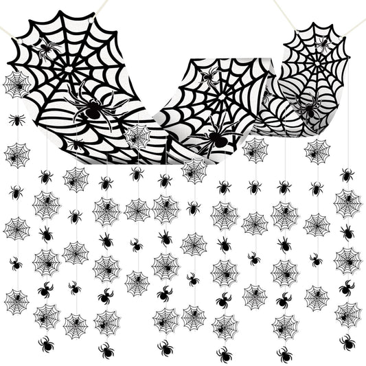 Halloween Black Spider Hanging Ceiling Decorations Spider Web Ceiling Decors Hanging Banner with Scary Cobweb Spiders Paper Garlands for Haunted House Zombie Party Decor Trunk Or Treat Celebrations