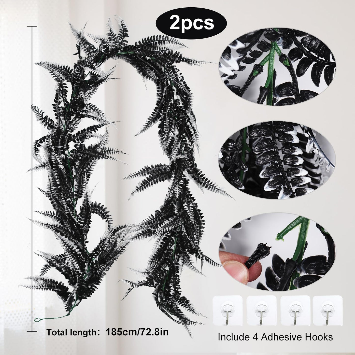 RECUTMS 2pcs Black Garland Artificial Boston Palnts 6 FT Fern Garland Faux Hanging Greenery Halloween Wreath for Outdoor Indoor Halloween Decor (Black White)