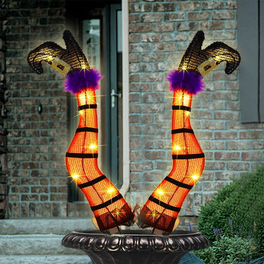 Juegoal Set of 2 Halloween Lighted Wicked Orange Witch Legs with Stakes, 22" Light Up Tinsel Halloween Yard Sign Prop Timer & 8 Modes, Battery Operated for Outdoor Party Haunted House Garden Decor