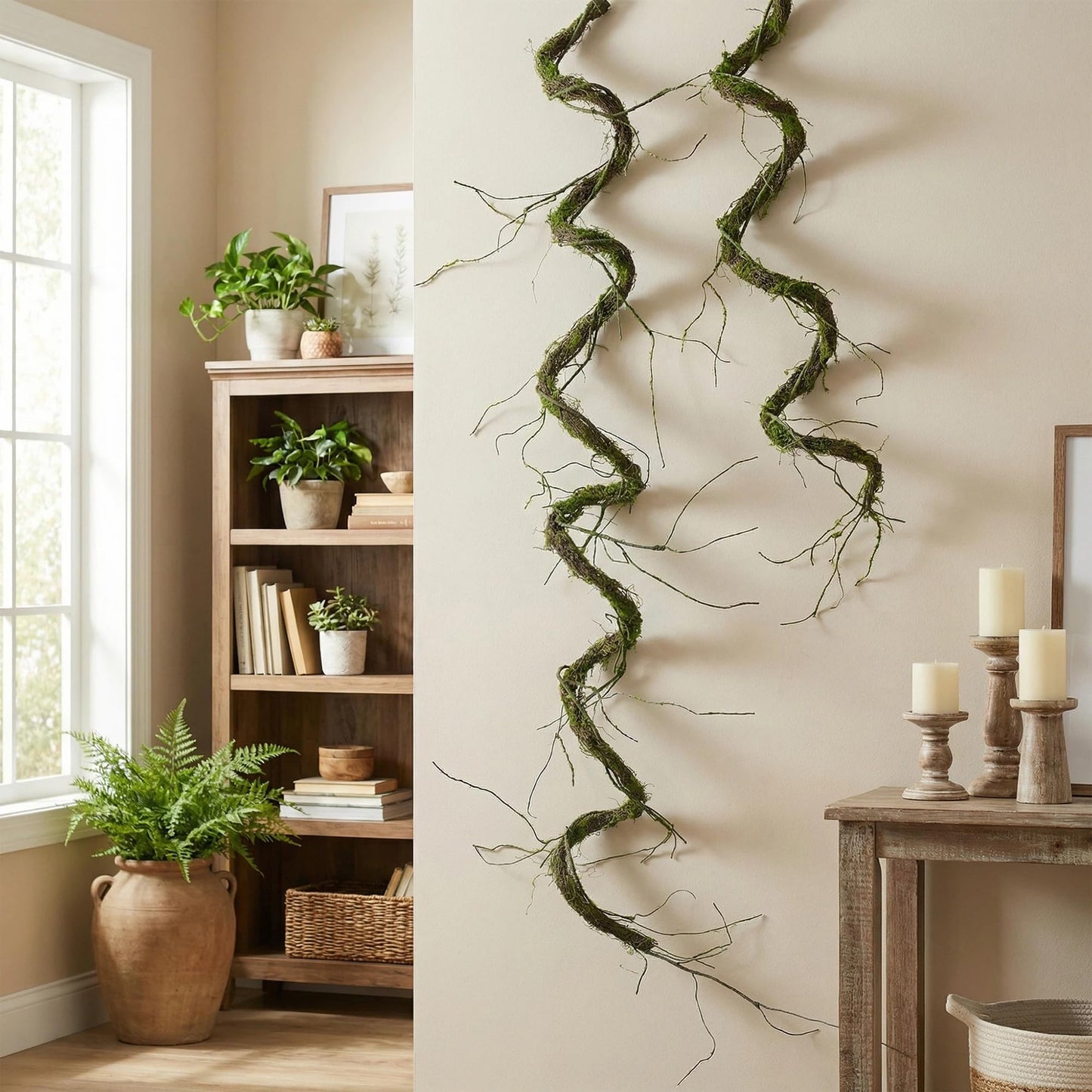 120 inch bendable artificial Dragon Whisker MossVine Green Hanging fake Plants for indoor outdoors entryway Wall Tree Jungle Vine sfireplace Decoration Reptiles Branches Christmas Halloween Easter