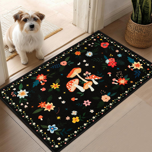 Acetiamin 2x3 Machine Washable Area Rug, Non-Slip Small Vintage Floral Entryway Rug for Front Door, Low Pile Indoor Door Mat for Entryway, Bedroom, Dining Room & Kitchen(2x3 Black Mushroom)