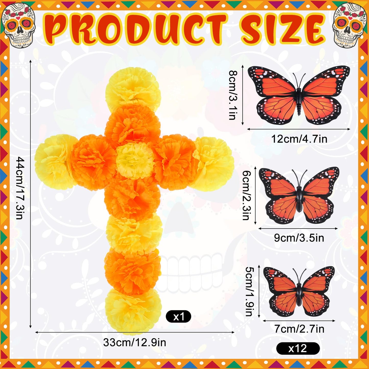 Ofrenda Decorations for Altar 17 x 13 Dia De Los Muertos Decorations Day of the Dead Decoration Marigold Mexican Cross with Artificial Butterflies Wall Decor Sign for Dia De Los Muertos Diwali