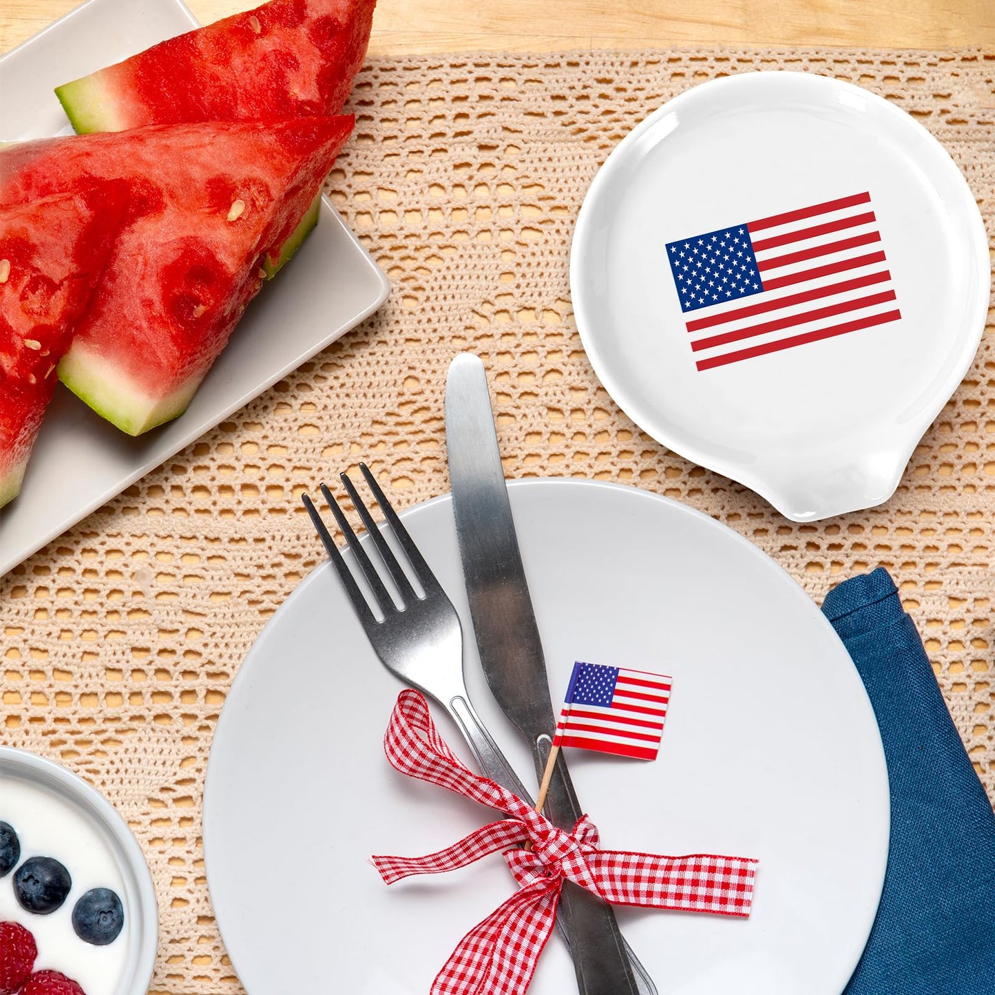 2 Pcs 4.7 Inch Patriotic Spoon Rest 250th Anniversary American Flag Small Coffee Spoon Holder for 4th of July Independence Day Bar Coffee Station Accessory