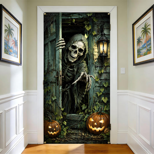 NYZE Halloween Skeleton Front Door Cover Banner, 35.4 x 70.8 Inch Pumpkin Vertical Hanging Door Backdrop, Indoor Outdoor Halloween Party Photography Decorations