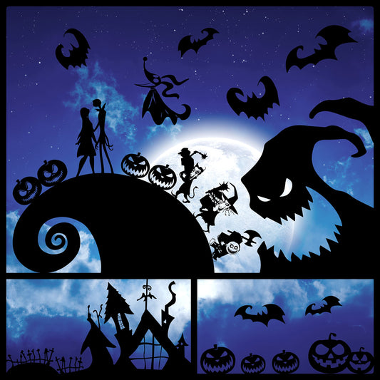 Feuid Gniea 7Pcs Jack and Sally Window Clings Sticker Pumpkin Halloween Jack and Sally Christmas Cartoon Skull Electrostatic Stickers for Christmas Party Decoration Window Glass Mirror Decor Decals
