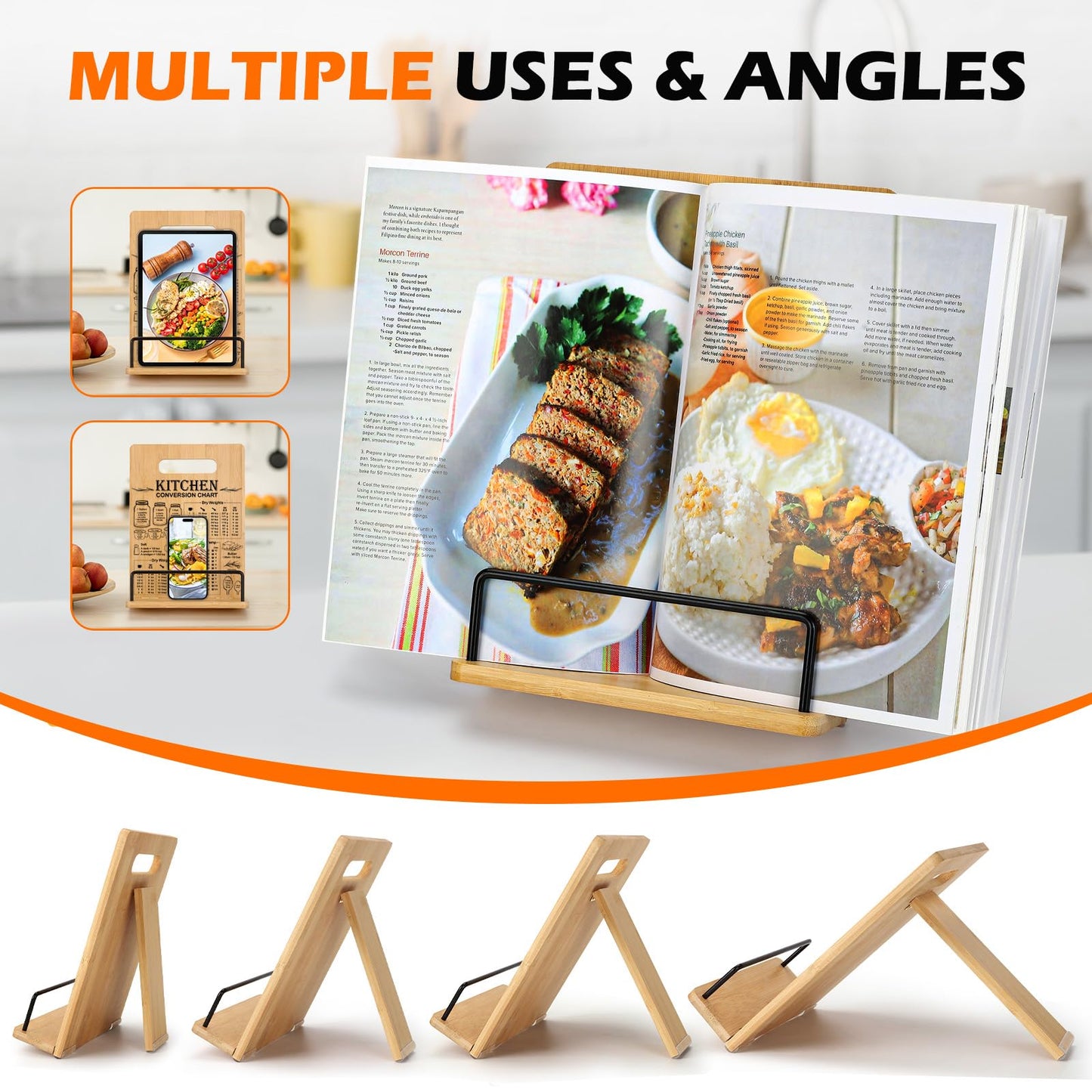 Bamboo Cookbook Stand for Kitchen Counter, Recipe Book Holder with Measurement Conversion Chart, Adjustable Cookbook Holder, Essential Accessories Women Gifts for Birthday Christmas