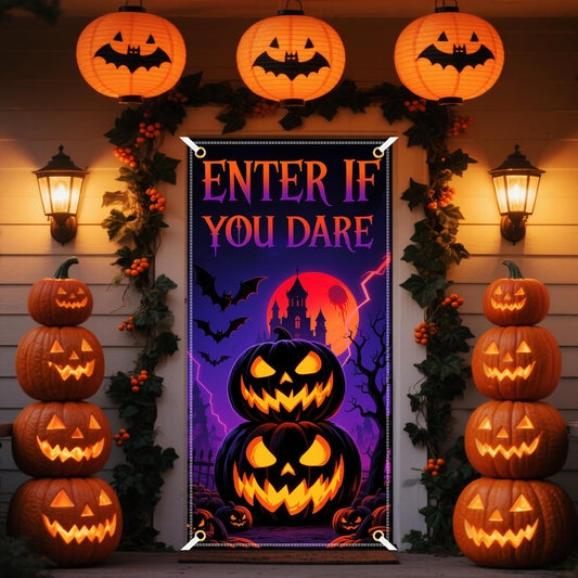 Halloween Door Cover 35x71 Inch Halloween Door Decorations Enter if You Dare Door Sign Pumpkin Party Decorations for Front Door Outdoor Wall Porch with 19.68ft Ribbon