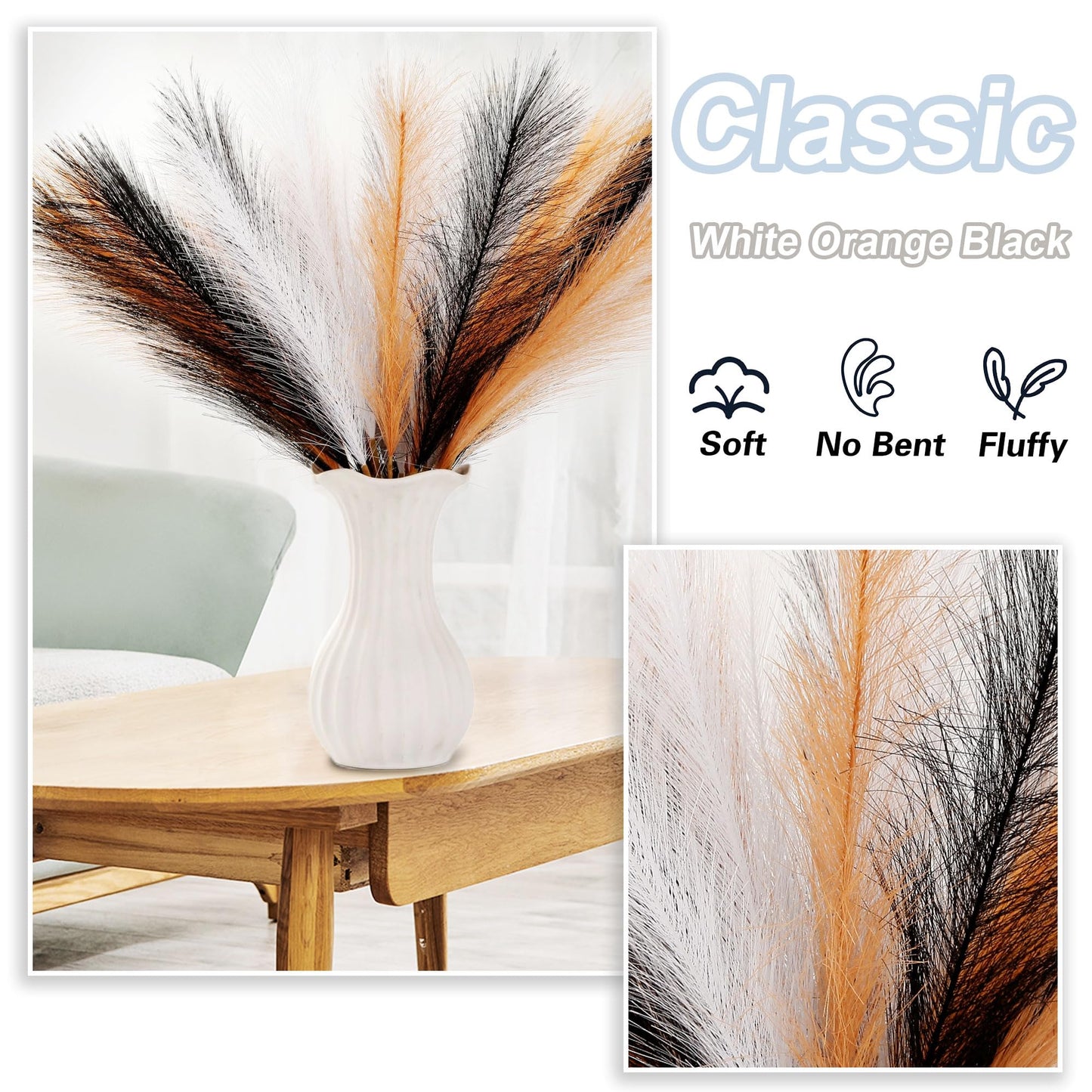 Acfruits 30PCS Black White Orange Faux Pampas Grass 17" for Vase Filler