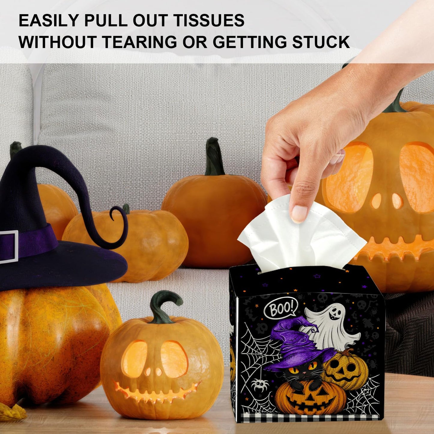 Halloween Tissue Box Cover Square, Black Cat Decorative Tissue Box Holder Facial Paper Organizer Dispenser for Bathroom Kitchen Bedroom Vanity Countertop Nightstands, Halloween Party Decoration/003