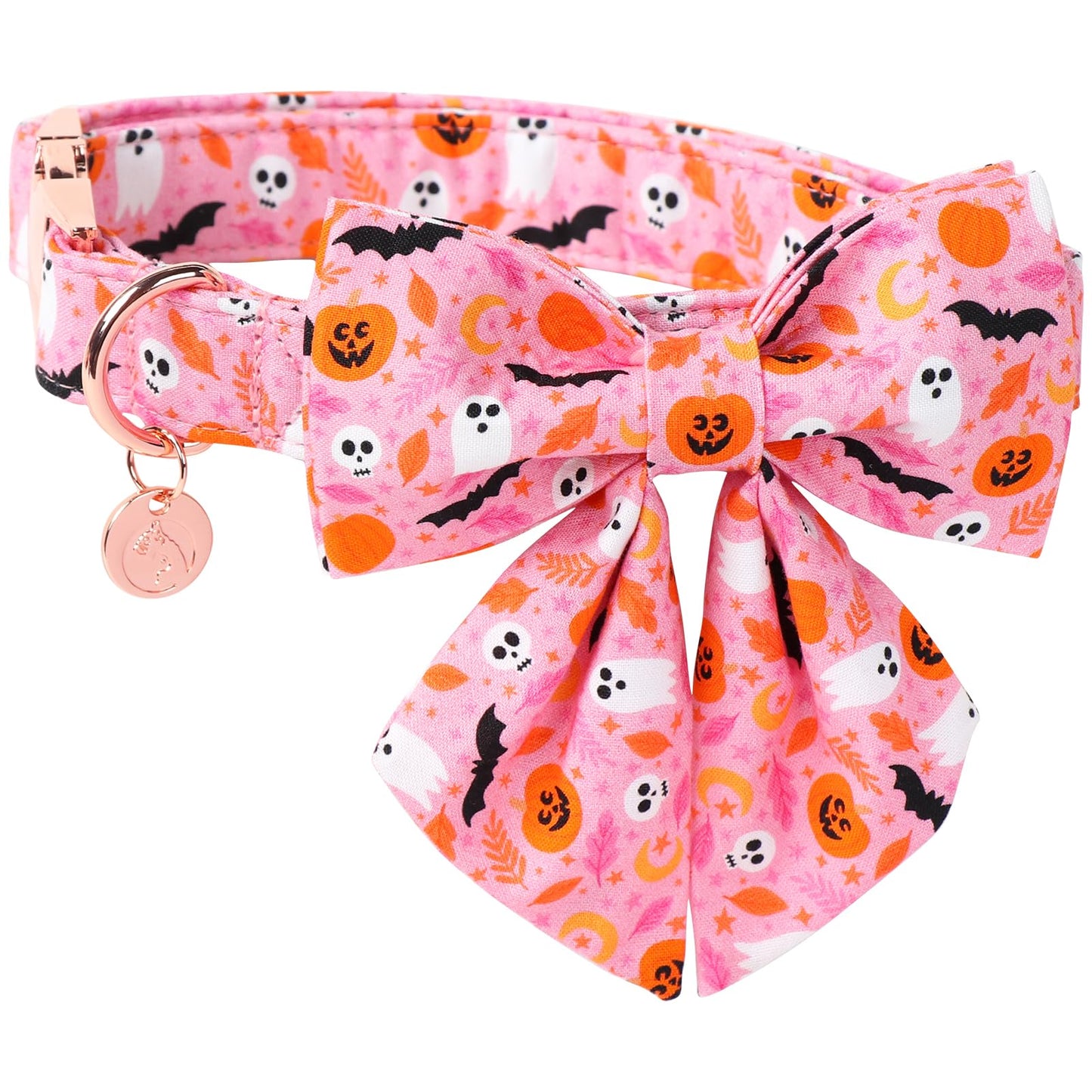 DOGWONG Halloween Dog Collar - Pink Fall Bowtie, Ghost Design, Comfortable & Adjustable for Medium & Large Dogs