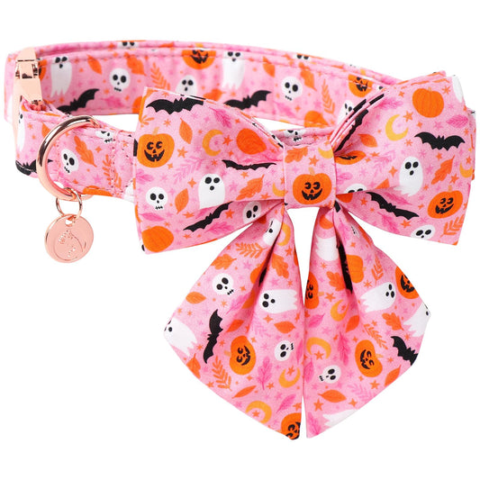 DOGWONG Halloween Dog Collar - Pink Fall Bowtie, Ghost Design, Comfortable & Adjustable for Medium & Large Dogs