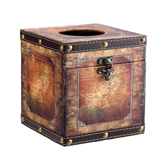 Kokone Wooden Aesthetic Tissue Box Cover with PU Leather Surface, Antique Decorative Cube Tissue Box Holder, Square Vintage Countertop Tissue Holder for Bedroom Bathroom Office Home Decor