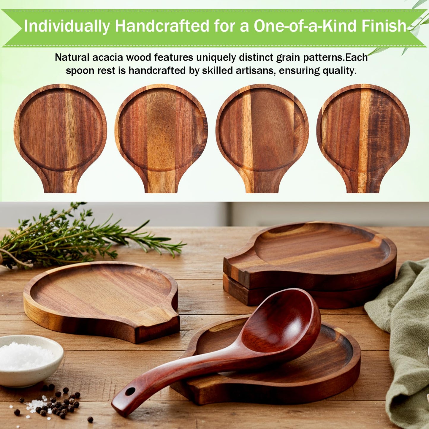 Honeydak 4 Pcs Acacia Wood Spoon Rest for Stovetop Handmade Smooth Wooden Kitchen Spoon Holder for Ladles Tong Cooking Accessories Housewarming Gifts(Retro Style)