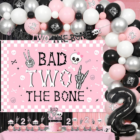 kreat4joy Bad Two The Bone Party Decoration Pink, Skeleton Theme Backdrop Banner Cake Cupcake Topper Table Cloth Hat Fringe Curtain Latex Balloon Garland Arch Kit for Girl 2nd Birthday Decoration