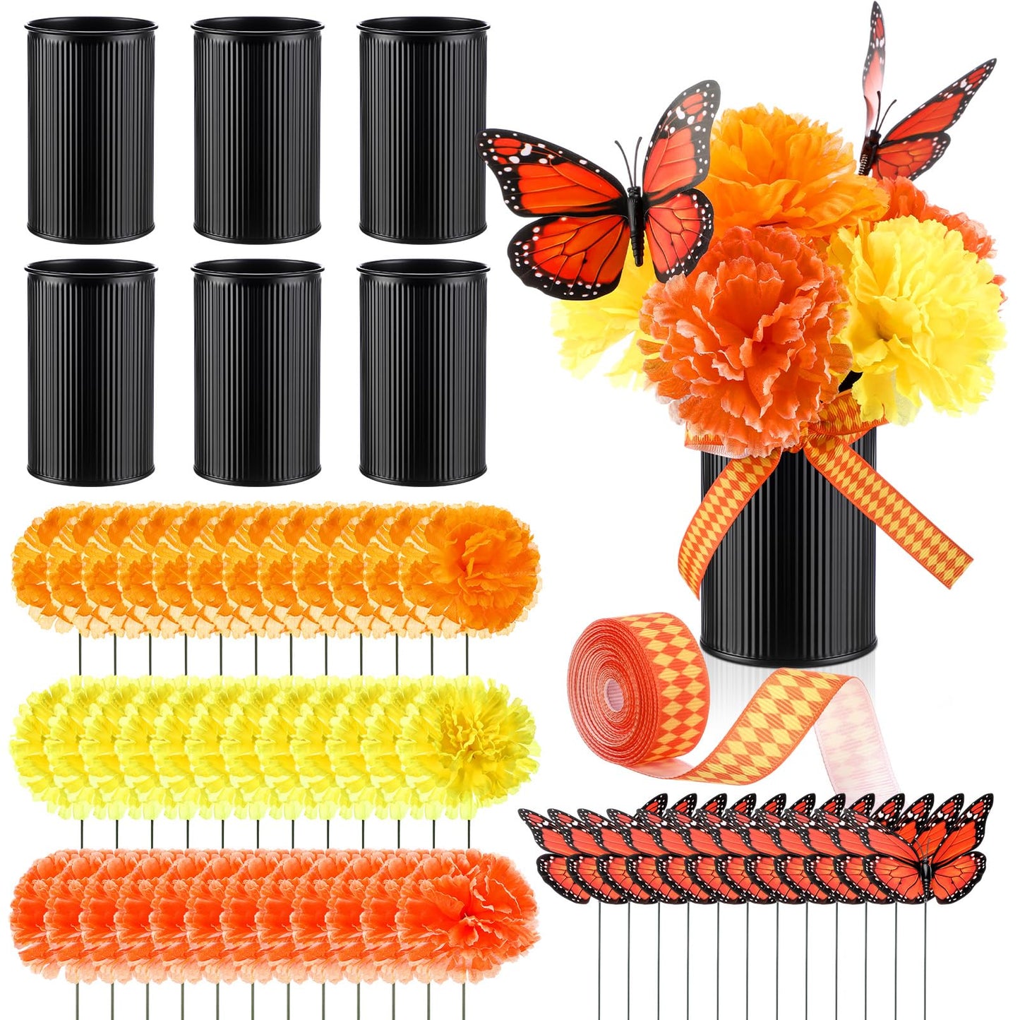 Reallnaive 55‬ Pcs Day of The Dead Altar Decorations Dia De Los Muertos Altar Decorations with Marigold Flower, Monarch Butterfly, Metal Pot and Ribbon for Mexican Day of The Dead Table Centerpiece