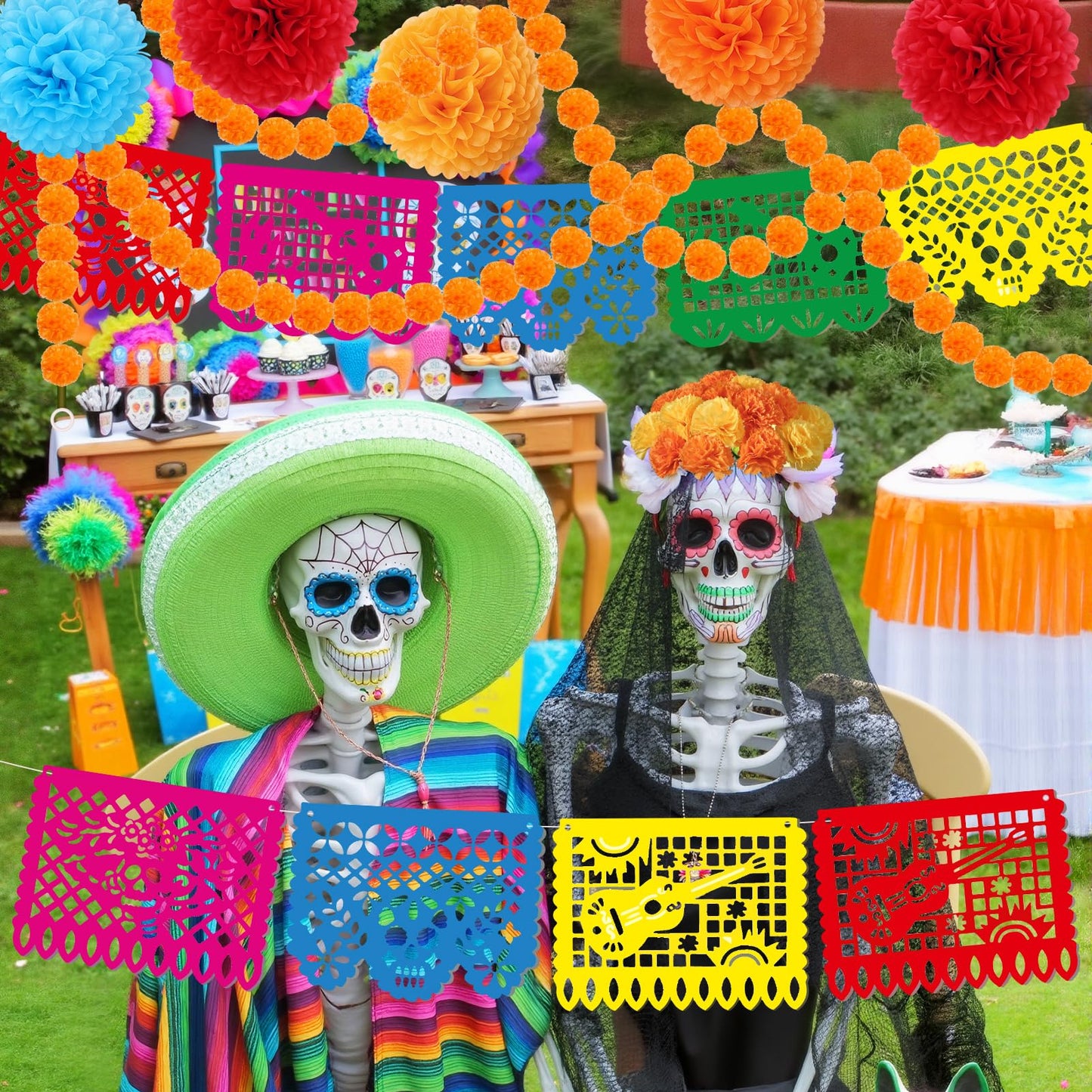 133Pcs Day of The Dead Decorations with 9 Mexican Banner Papel Picado,2 Lighted Artificial Marigold Garland,50 Marigold Flowers with 50 Stems,7 Paper Pom Poms,12 Butterfly for Dia De Los Muertos Decor