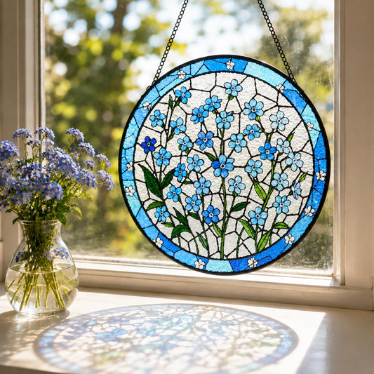 Sahoottie Forget Me Not Flower Stained Glass Window Hanging 7.9in
