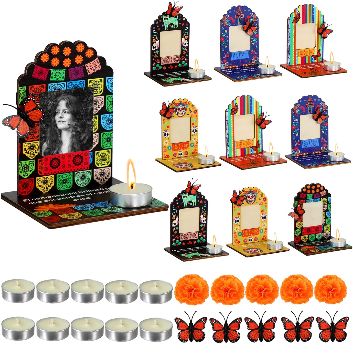 Dia De Los Muertos Decorations Picture Frames, Day of the Dead Altar with Candle, Marigold, Artificial Monarch Butterfly, Dia De Los Muertos Altar Kit Mini Sugar Skull Style Ofrenda Decorations