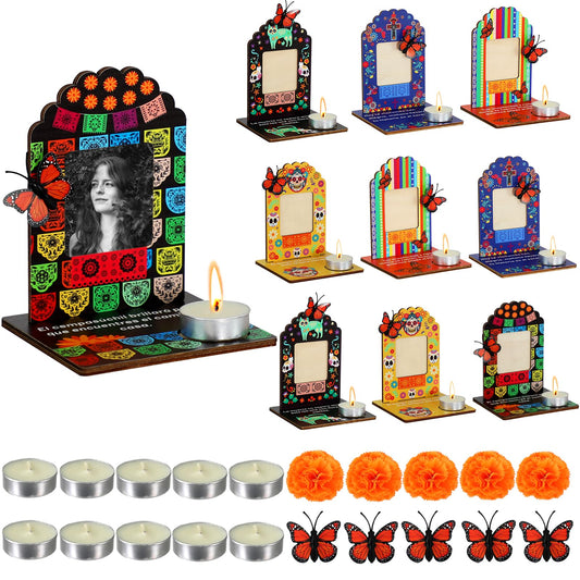 Dia De Los Muertos Decorations Picture Frames, Day of the Dead Altar with Candle, Marigold, Artificial Monarch Butterfly, Dia De Los Muertos Altar Kit Mini Sugar Skull Style Ofrenda Decorations