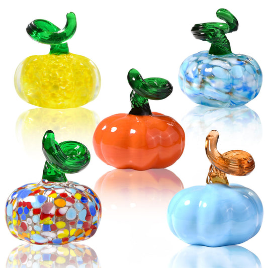 AOFEGRLT 5pcs Small Blown Glass Pumpkin Figurine Collectible Halloween Thanksgiving Glass Pumpkin Paperweight Fall Harvest Decorations for Home(Colorful)