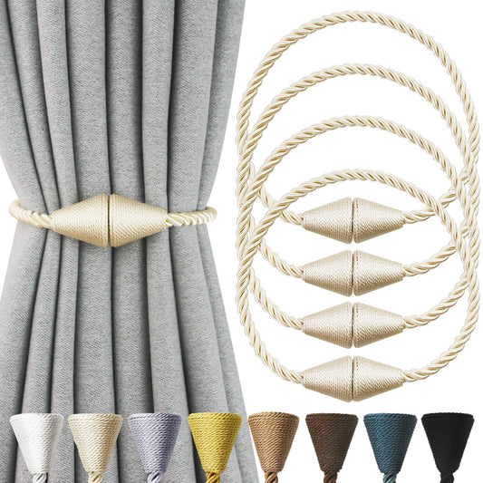Nieffeiy 4 Pack Magnetic Curtain Tiebacks Rope Modern Handmade Curtain Tie Backs Decorative Drapes Weave Holdbacks for Window Décor, Beige