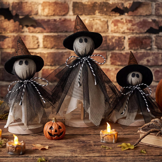 Redbaker 3 Pcs Halloween Decorations Indoor Primitive Halloween Ghost with Witch Hat on Wood Stand Spooky Ghost Tiered Tray Decor Rustic Table Centerpiece for Home Office Mantel Shelf (Black, Gothic)