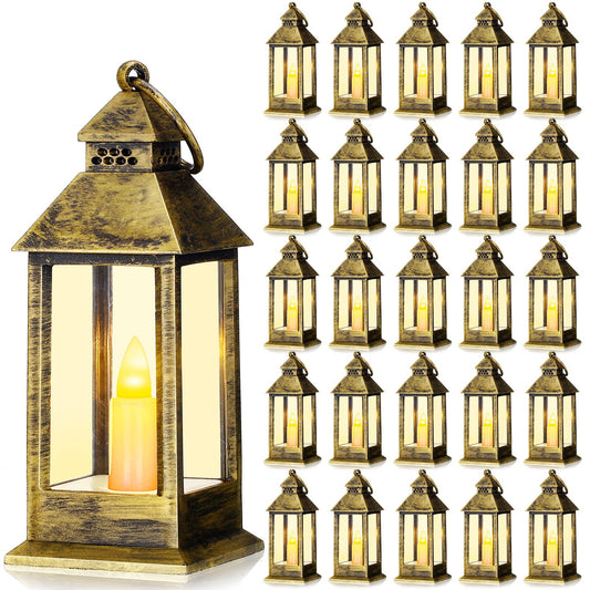 Hoolerry 24 Set 5.5'' Mini Lanterns with LED Candle for Wedding Centerpiece Vintage Decorative Hanging Small Lantern Battery Powered for Halloween Wedding Table Centerpiece(Bronze)