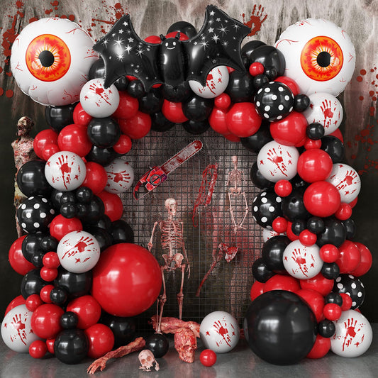Halloween Balloons Garland Arch Kit, 94pcs Red Black White Polka Dot Balloons, Bloody Hand Print Balloon Eyeball Bat Mylar Balloon for Scream Creepy Gothic Halloween Horror Birthday Party Decorations