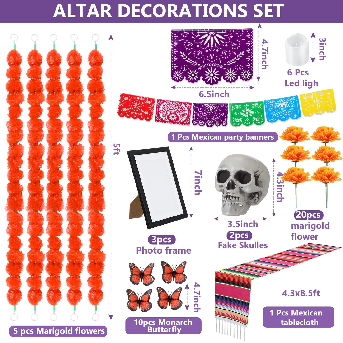 Thiccywoov 50 Pcs Dia De Los Muertos Ofrendas Altar Decorations, Day of the Dead Altar Decor Included Marigold Flower Garland Monarch Butterfly Skull Candle Frame Mexican Banner and Tablecloth